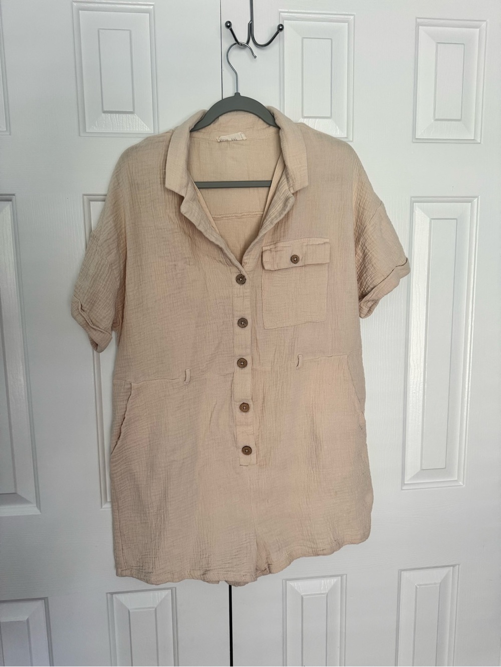 Women's Beige Button-Front Utility Romper w/ Pockets